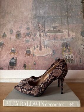 Elegant Snake-Print Pointed Toe High Heels - Tan/Black - Size 40